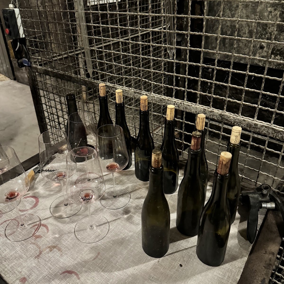 Bottles and tasting glasses on the cellar table at Domaine Dujac