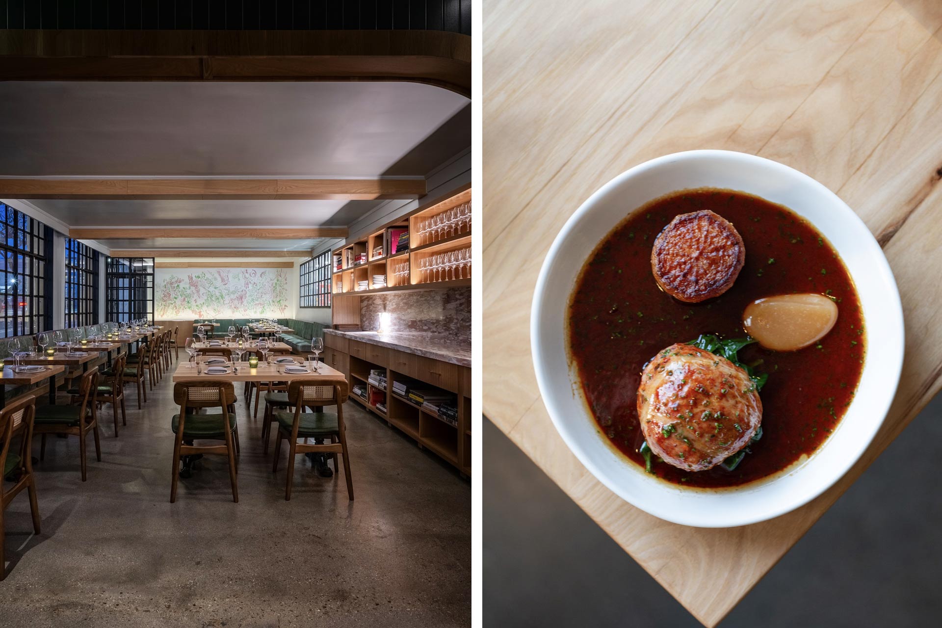 Dining room with wooden beams, green banquette seating, and shelved bar; inset shows broth-based dish with meatballs and egg in white bowl on wood sur