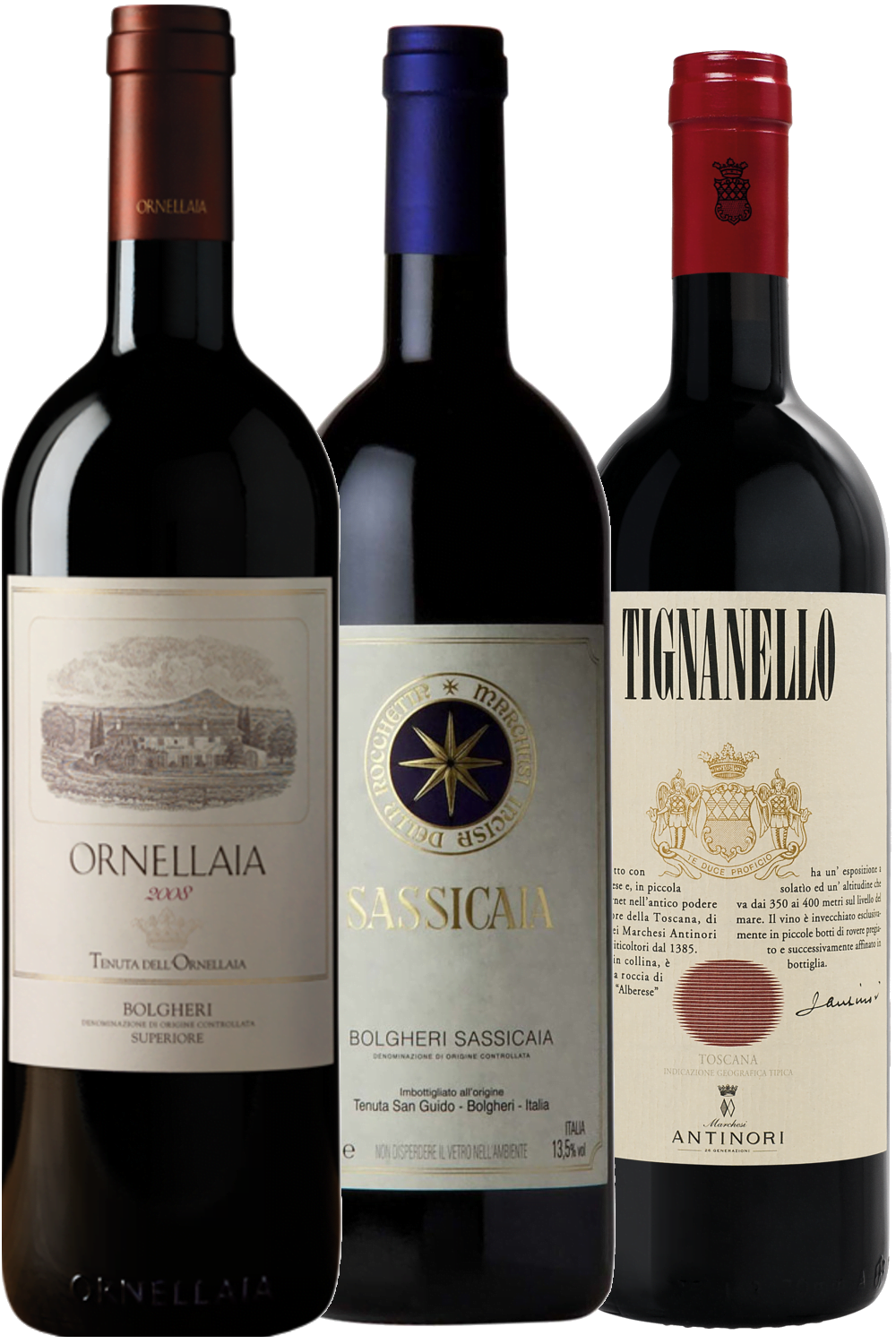 Three wine bottles: Ornellaia 2000, Sassicaia by Bolgheri, and Tignanello by Antinori, Italian red wines.